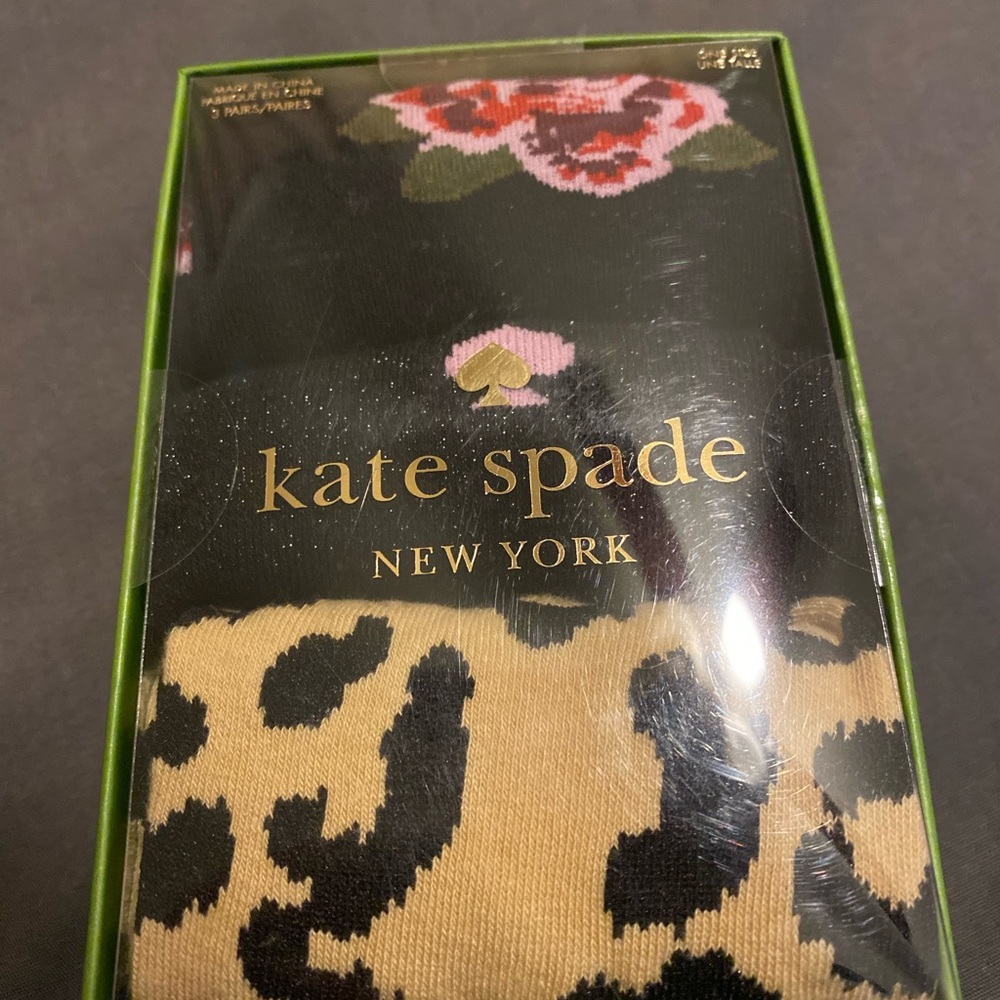 NWT Kate Spade 3 Pack Soft Crew Socks (floral, leopard, black w/ pink logo) Boot